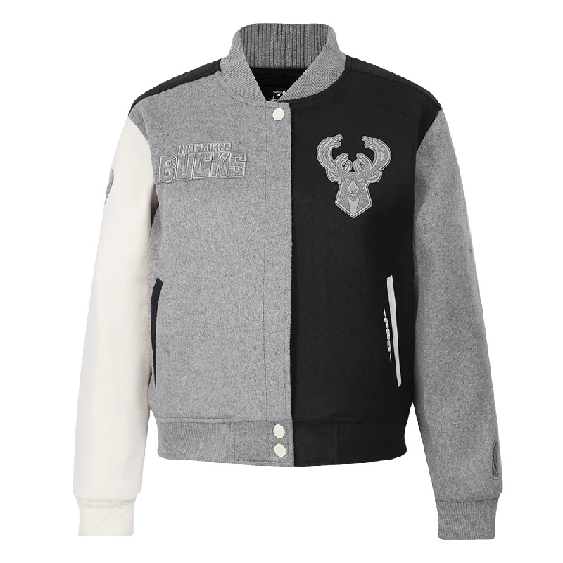 NBA MILWAUKEE BUCKS REVERSE FRENCH TERRY WOMEN'S WOOL VARSITY JACKET (BLACK/GRAY/EGGSHELL)