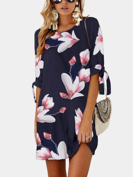 Wholesale Navy Round Neck Half Sleeve Floral Print Self-Tie Mini Dress