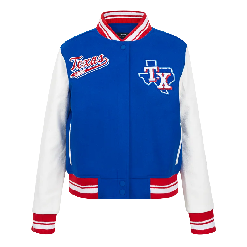 MLB TEXAS RANGERS SCRIPT TAIL WOMEN'S WOOL VARSITY JACKET (ROYAL BLUE/RED)