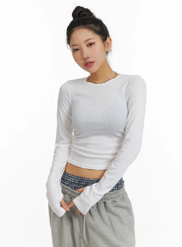 Solid Long Sleeve Crop Top CM408