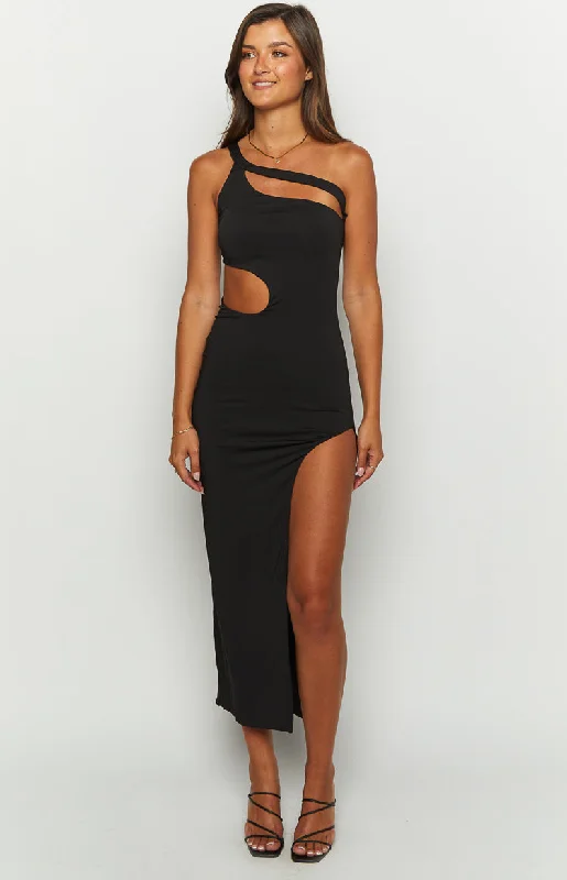 Natalia Black One Shoulder Midi Dress