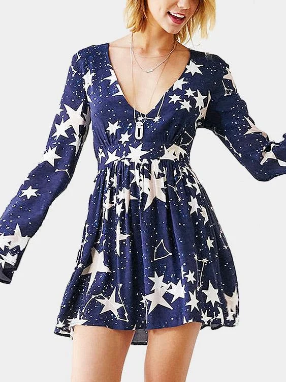 Wholesale Navy V-Neck Long Sleeve Star Mini Dresses