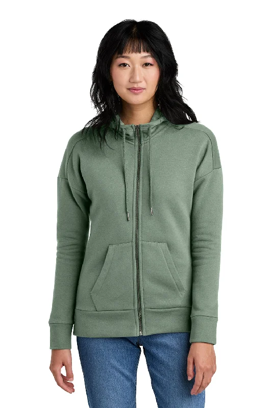 District Womens Perfect Weight Fleece Full Zip Hooded Sweatshirt Hoodie w/ Pockets - Laurel Green