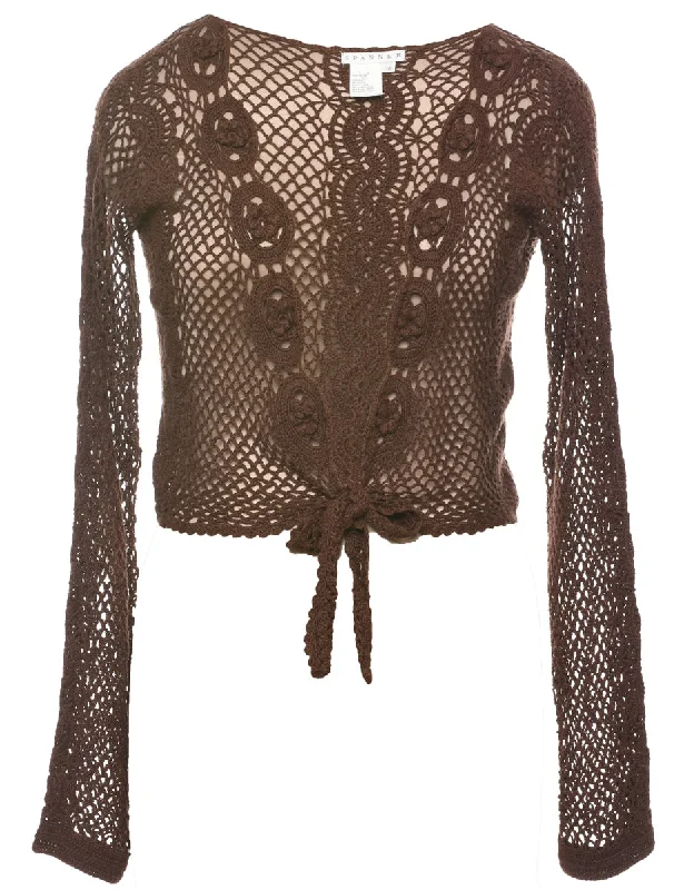 Dark Brown Copped Crochet Cardigan - M