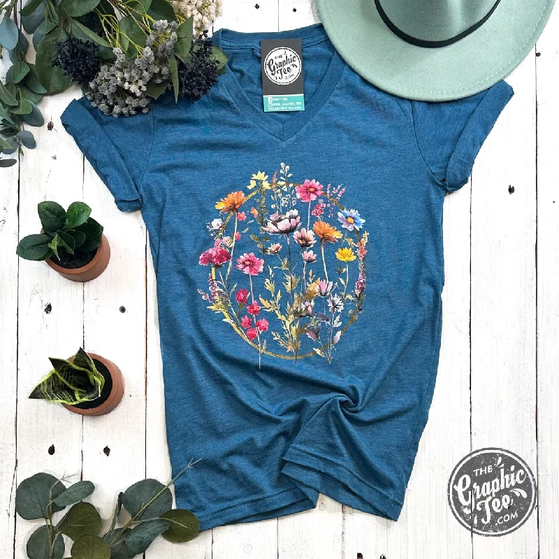 Boho Floral Ring Short Sleeve V Neck Tee