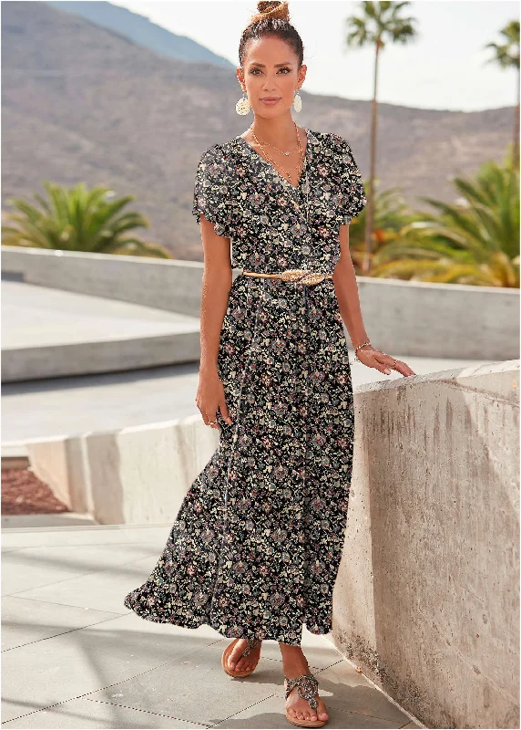 Abstract Print Maxi Dress - Black Floral