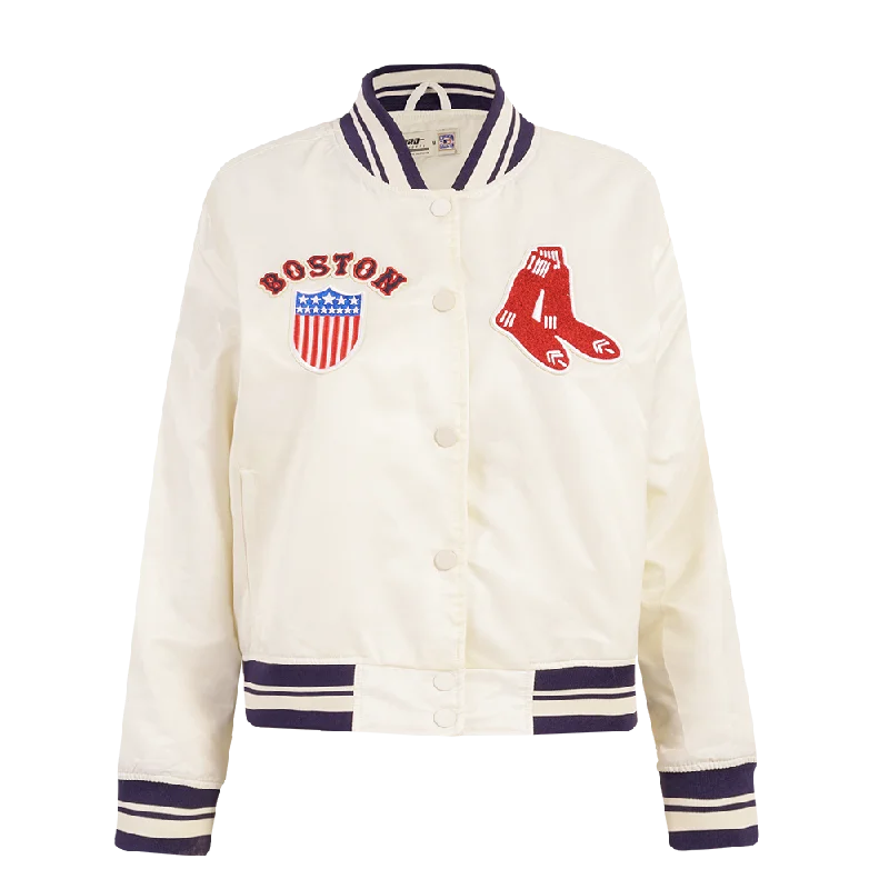 MLB BOSTON RED SOX RETRO CLASSIC WOMEN'S RIB SATIN JACKET (EGGSHELL/ MIDNIGHT NAVY)