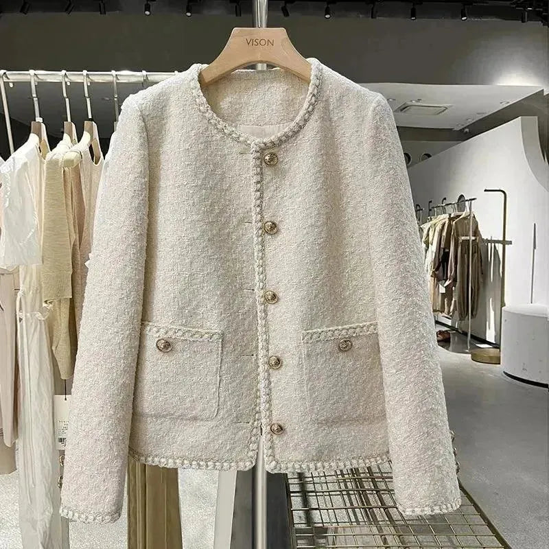 Casual Round Neck Women Tweed Jacket