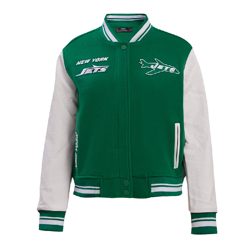 NFL NEW YORK JETS RETRO CLASSIC WOMEN'S RIB WOOL VARSITY JACKET (KELLY GREEN/ WHITE)