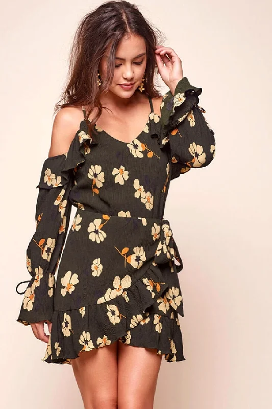 Carly Off the Shoulder Floral Wrap Dress Green