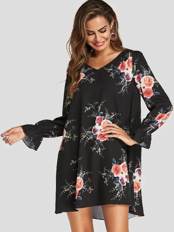 Wholesale Navy V-Neck Long Sleeve Floral Print Cut Out Mini Dress