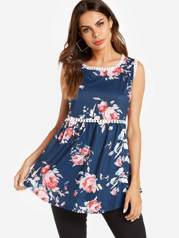 Custom Floral Print Sleeveless Round Neck Camis