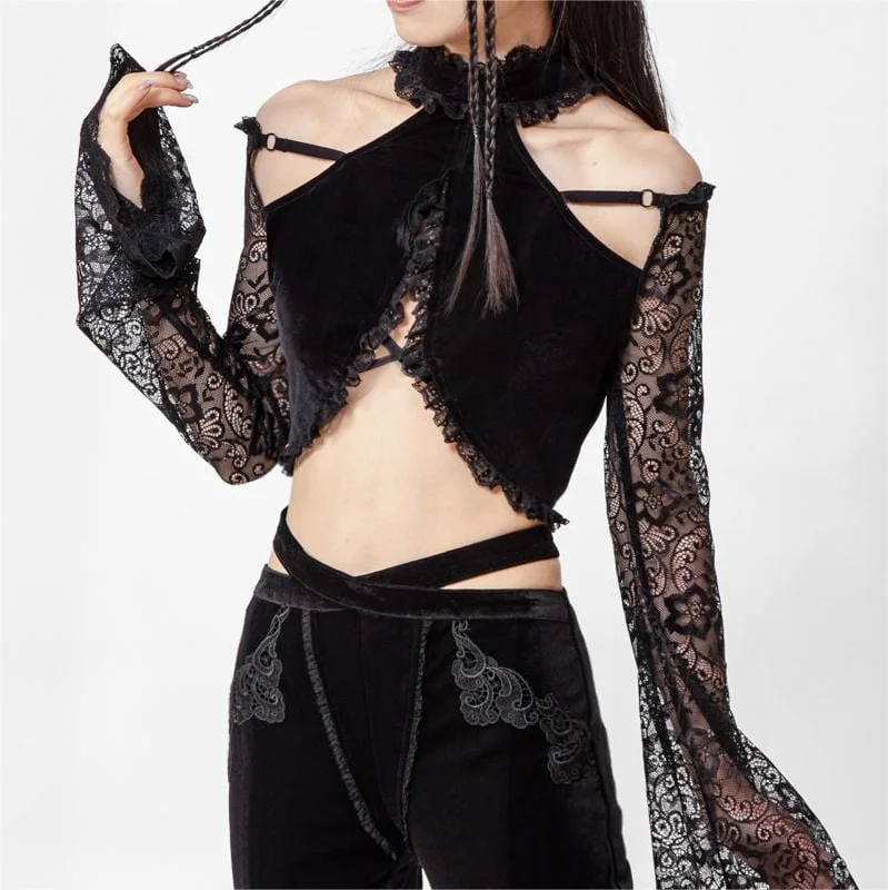 Women's Gothic Halterneck  Lace Long Sleeved Crop Top