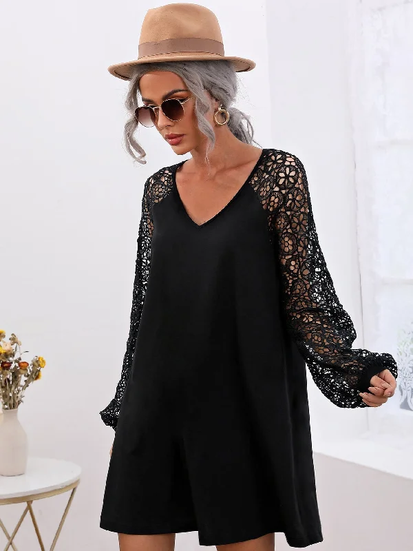 Plain Contrast Lace Long Sleeve V Neck Straight Natural Short Womens Dress