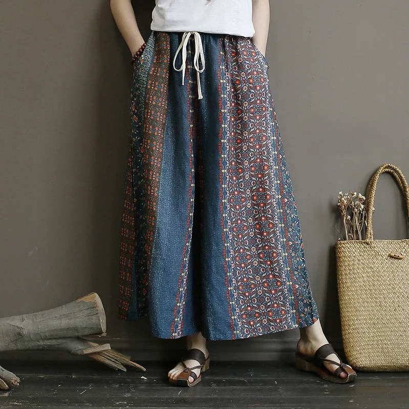 Vintage Printed Elastic Waist Loose Wide Leg Ramie Pants