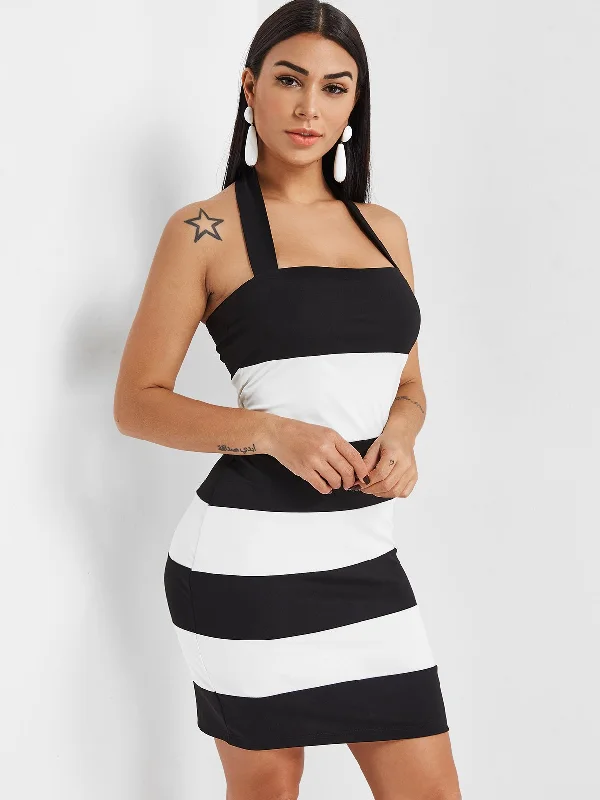 Wholesale Halter Sleeveless Stripe Zip Back Backless Mini Dress