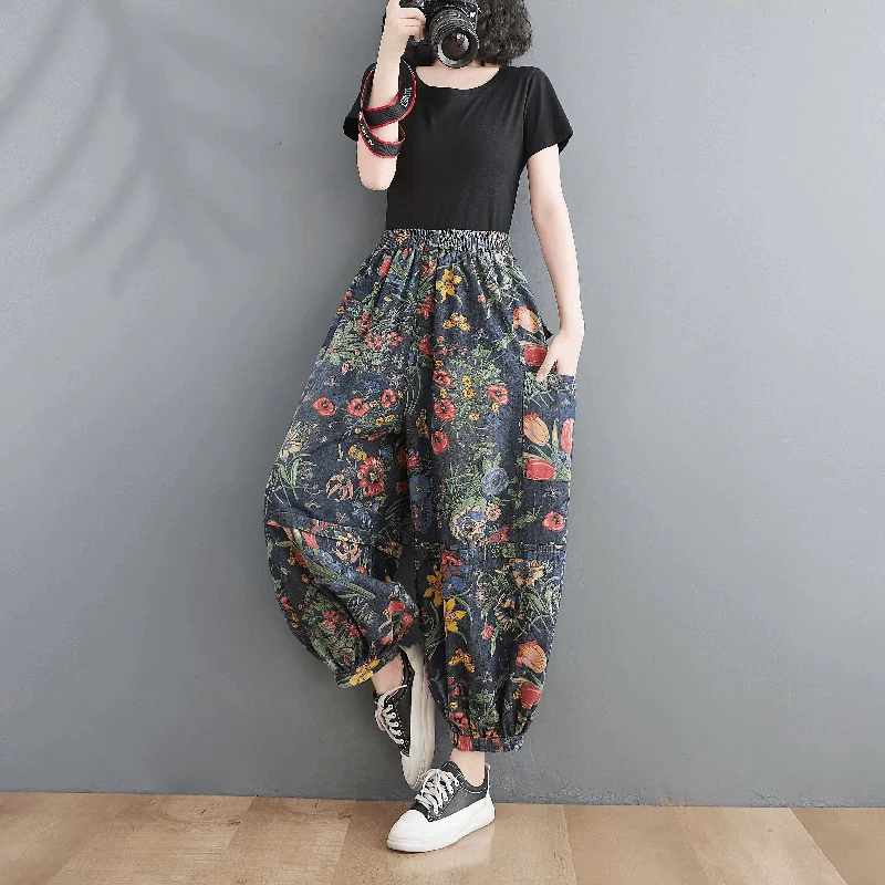 Babakud Women Autumn Retro Blossom High-Waist Harem Pants