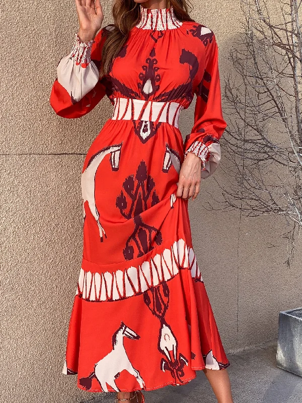 Animal Shirred Long Sleeve Stand Collar Flared High Waist Long Dress