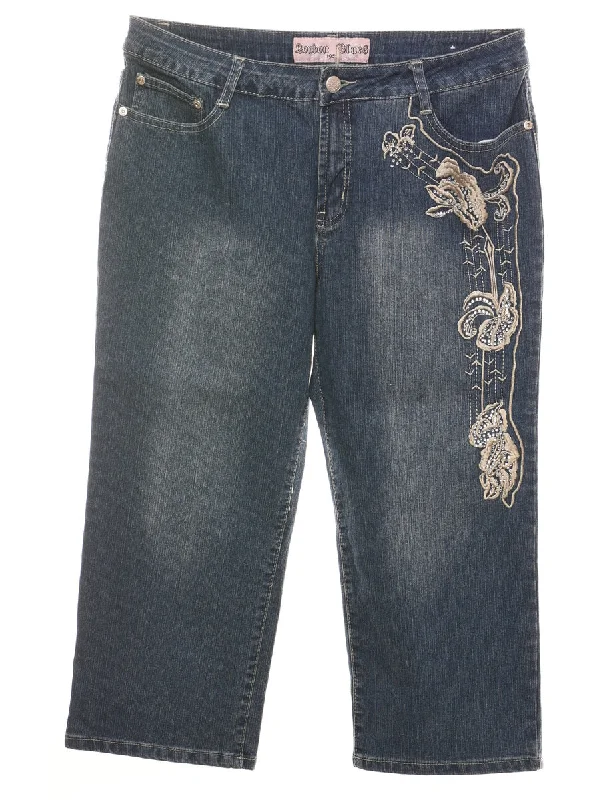 Cropped Stonewash Y2K Floral Embroidered Jeans - W32 L19