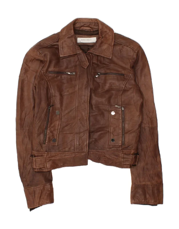 ZARA Womens Crop Leather Jacket UK 14 Large Brown Leather