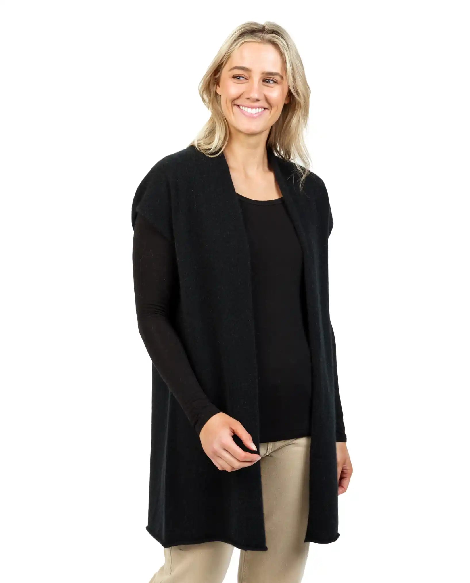 Black Women's Long Vest in Possum Merino - NB890