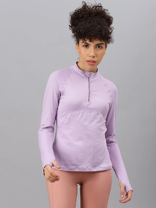 Fitkin women's Lavender high neck front zipper full sleeves t-shirt