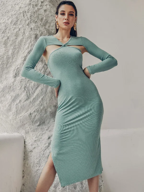 Plain Twist Long Sleeve V Neck Slit Natural Midi Dress