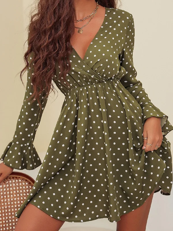 Polka Dot Long Sleeve V Neck Flared High Waist Short Dress