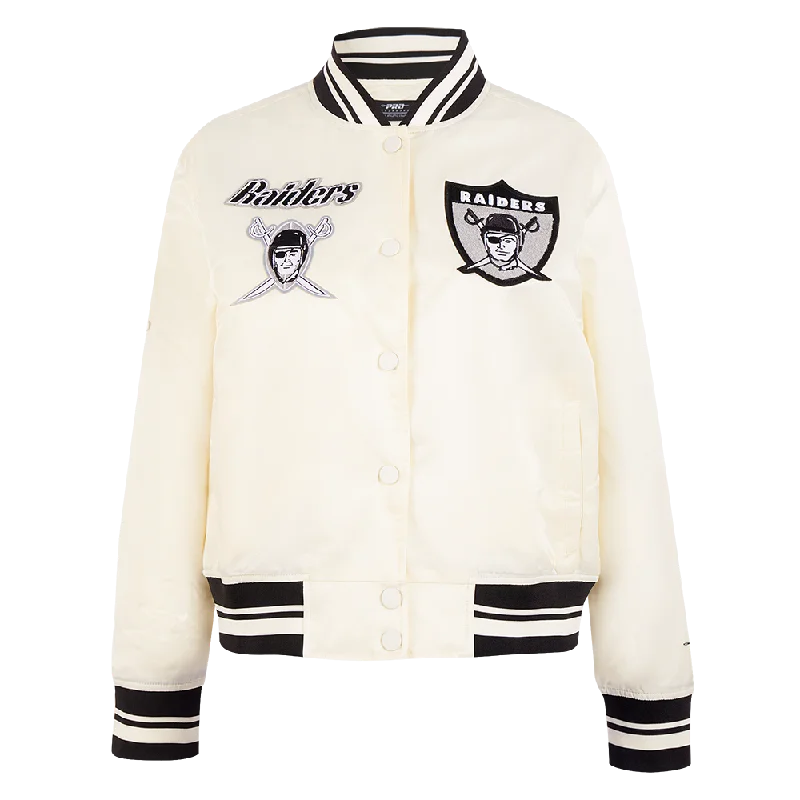 NFL OAKLAND RAIDERS RETRO CLASSIC WOMEN'S RIB SATIN JACKET (EGGSHELL/ BLACK)