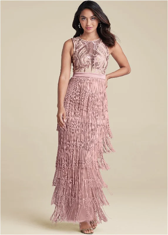 Embroidered Fringe Long Dress - Tan