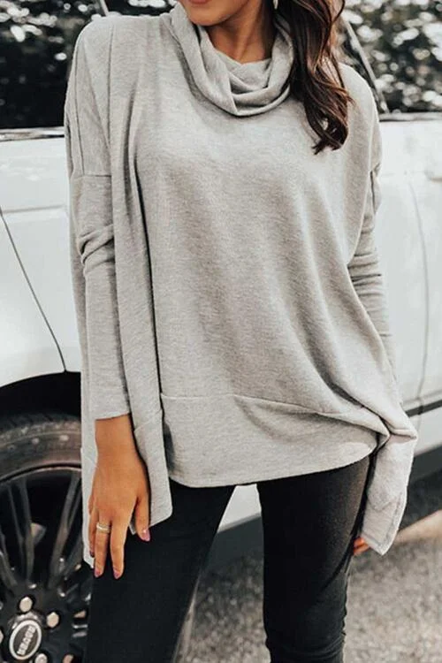 BerryBetty - Cowl Neck Long Sleeve Slit Blouse