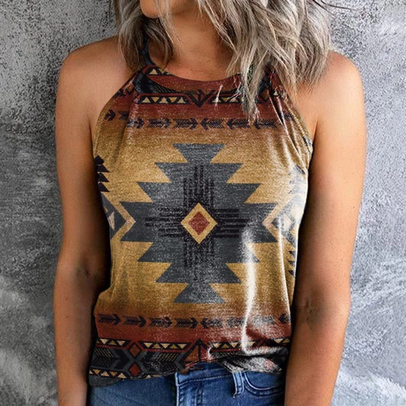 Casual Retro Print All-Match Halter Neck Sleeveless Tank Tops Wholesale Women'S Tops