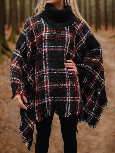 TastyHottie - Turtleneck Plaid Raw Hem Sweater Fashion Poncho