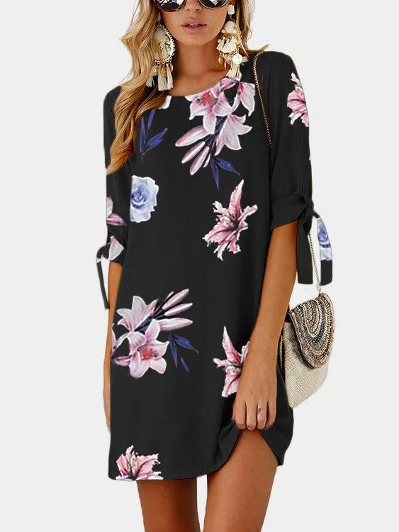 Wholesale Round Neck Half Sleeve Floral Print Self-Tie Navy Mini Dress