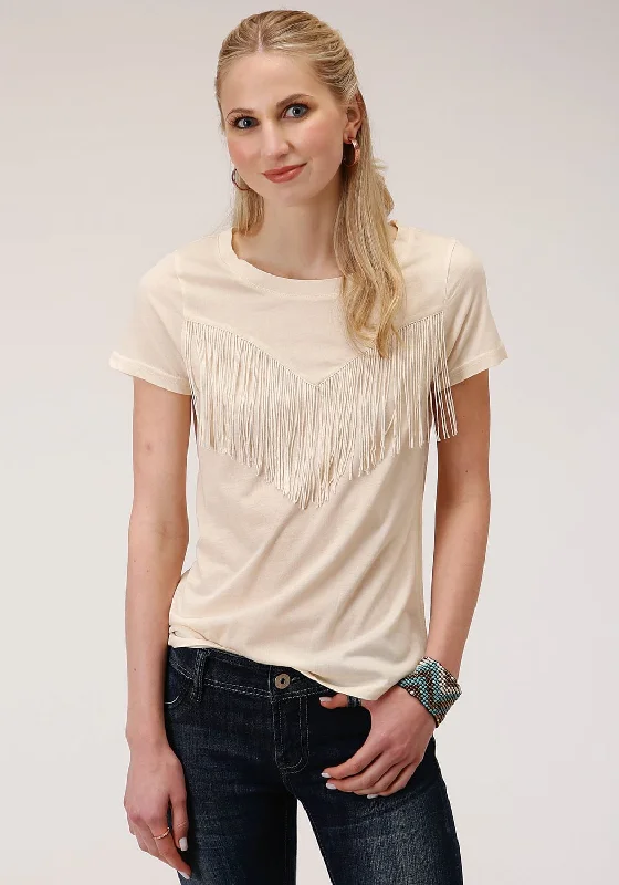 Roper Womens Ivory Poly/Rayon Western Fringe S/S T-Shirt XS