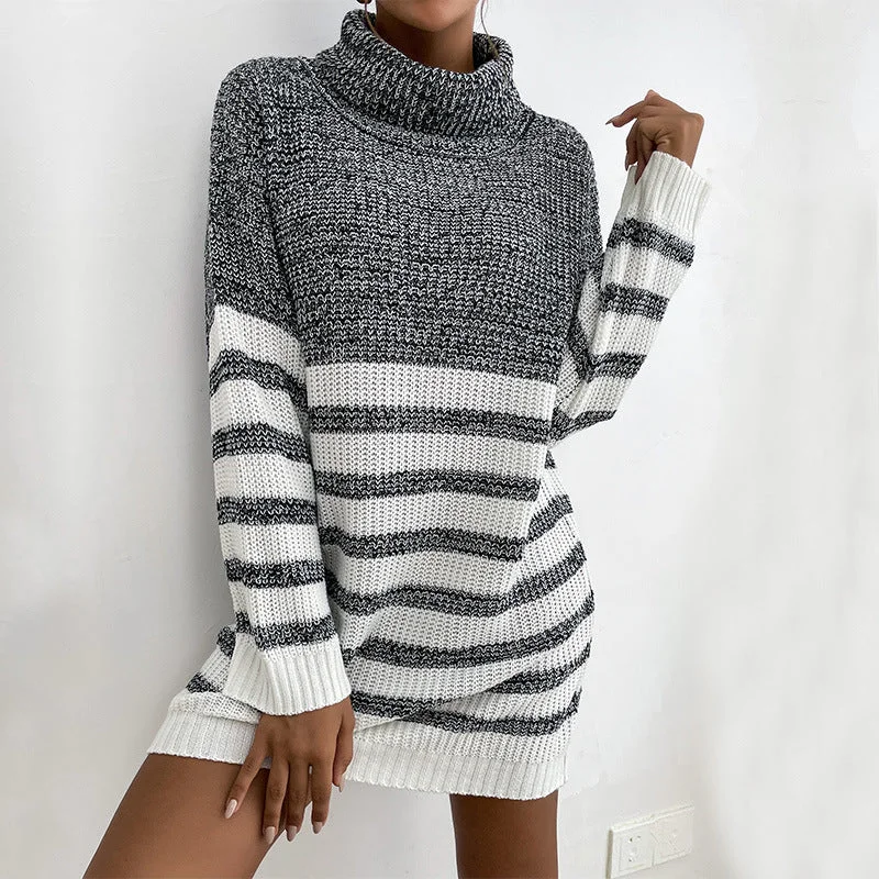 Loose Striped Colorblock Knit Turtleneck Sweater