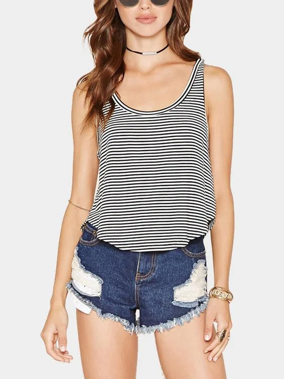 Custom Round Neck Stripe Sleeveless Curved Hem Tank Top