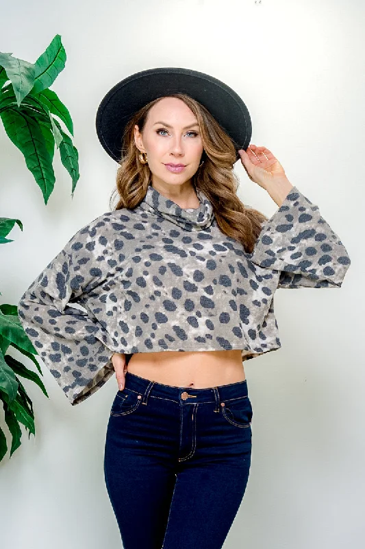 Cheetah Print Long Bell Sleeve Cowl Neck Pullover Crop Top  in Olive (BT10470-1)