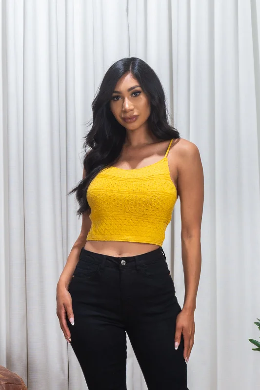 'In The Field' Crochet Knit Spaghetti Strap Crop Top in Yellow (187178)