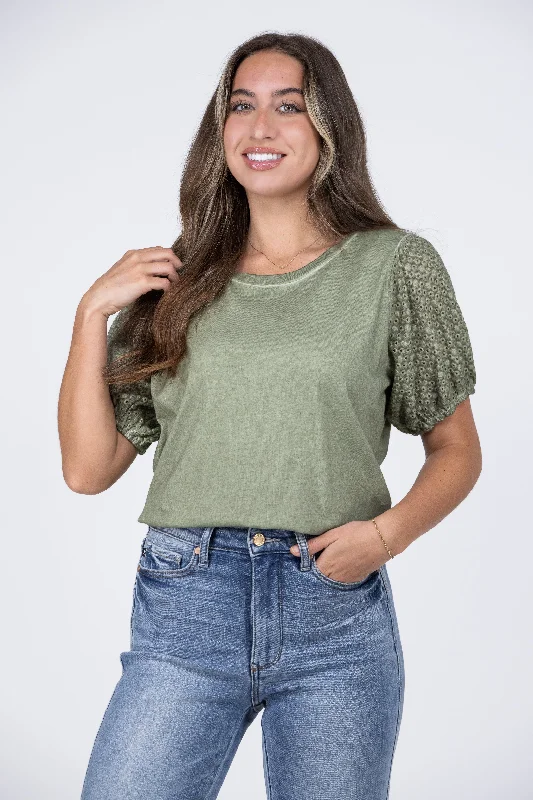 Eyelet Women's Lace Washed Short Sleeve Top
