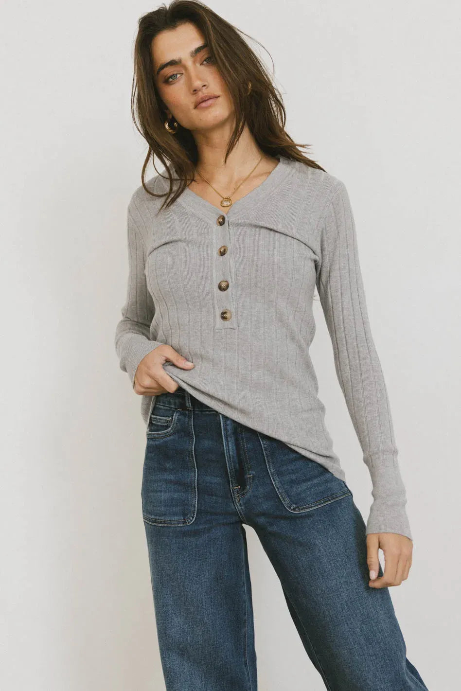 Ribbed Button Front Top in Grey - FINAL SALE