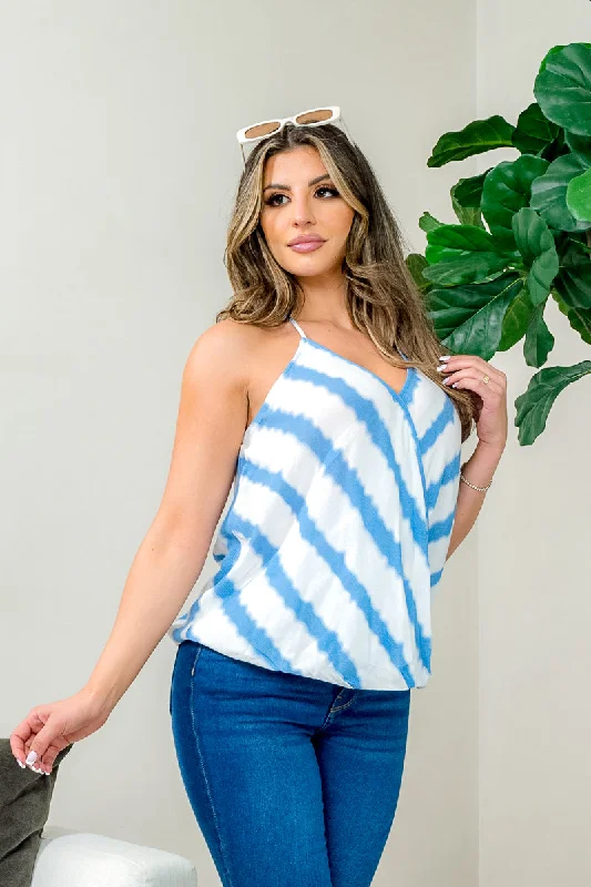 Soft Stripe Spaghetti Strap Surplice Halter V Neck Tank Top in Blue & White (WGW10418)