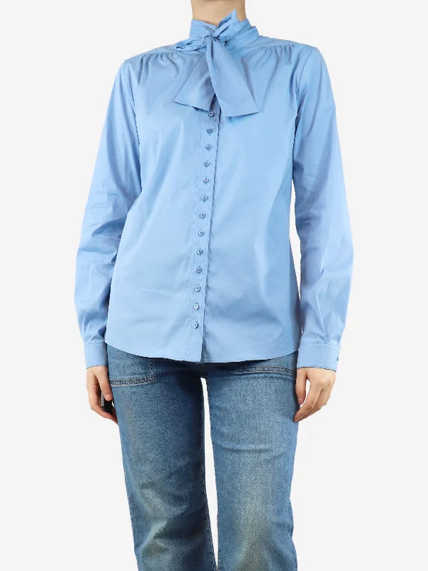 Light blue belted cotton blouse - size UK 12