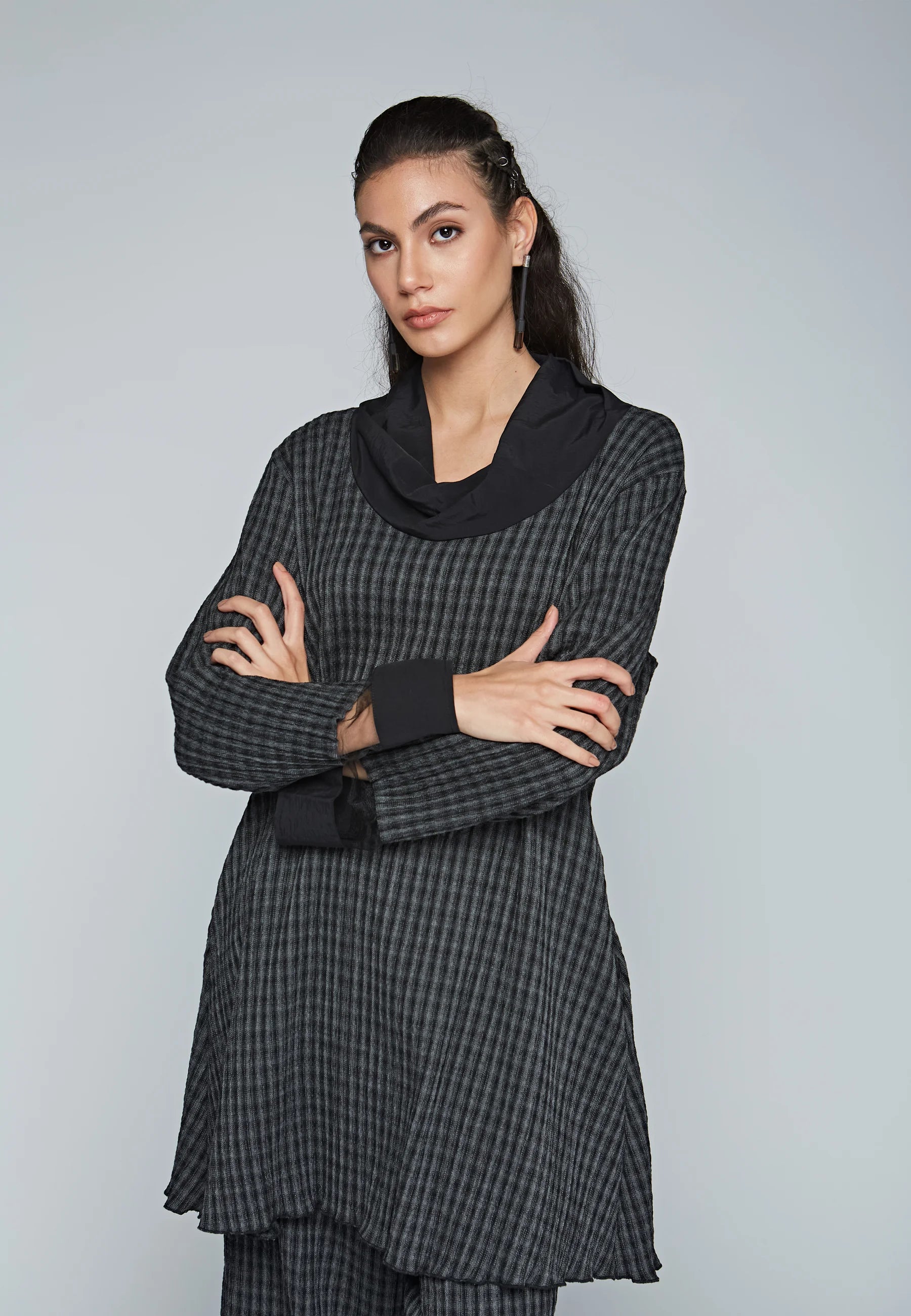 HARMONIC Mid-length, plaid, crinkle viscose tunic dress