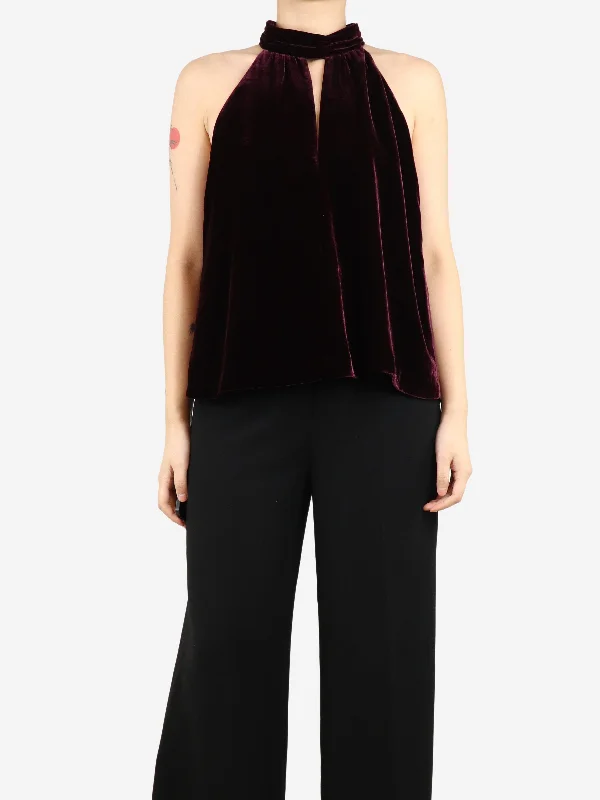 Burgundy velvet halterneck top - size UK 12