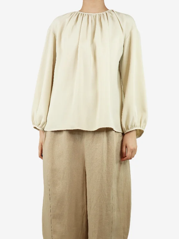 Ivory gathered puff-sleeved blouse - size UK 10