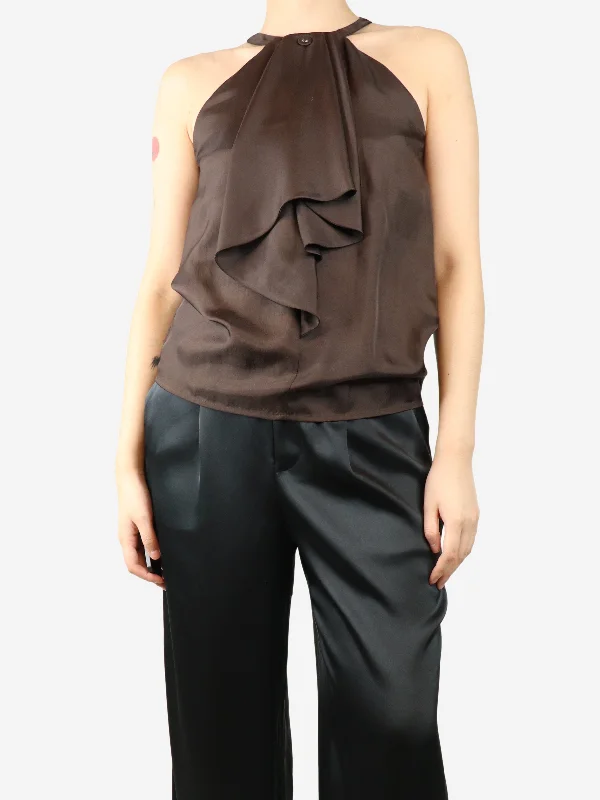 Brown satin halter neck top - size UK 8