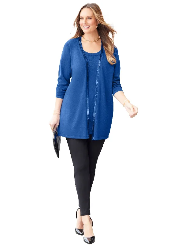 Black Label Sequin Trim Tank Cardigan Duet