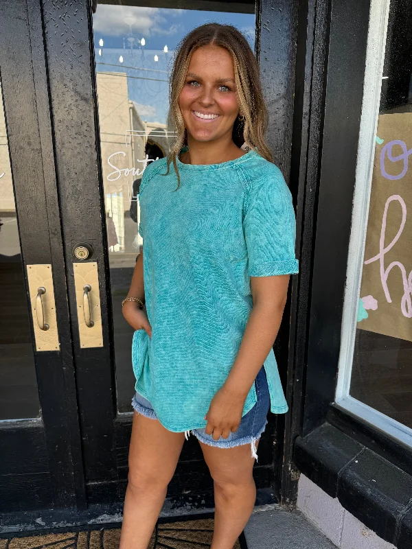 Teal scoop bottom terry knit top