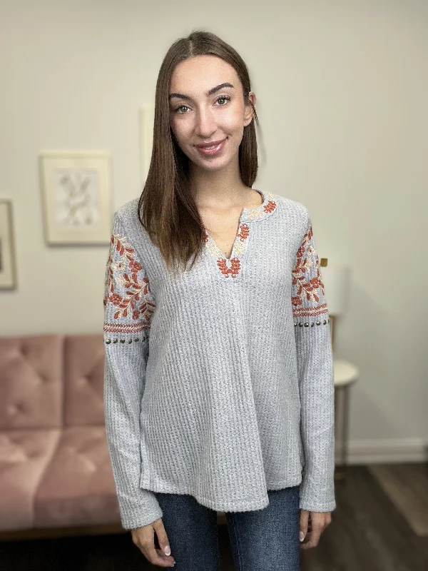 Falling For Fun Women's Embroidered Waffle Knit Long Sleeve Top